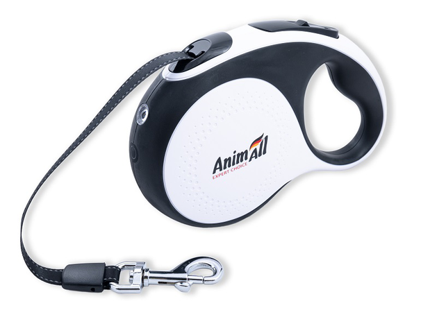 AnimAll рулетка-поводок з LED ліхтариком M до 25кг/5метра, біло-чорна