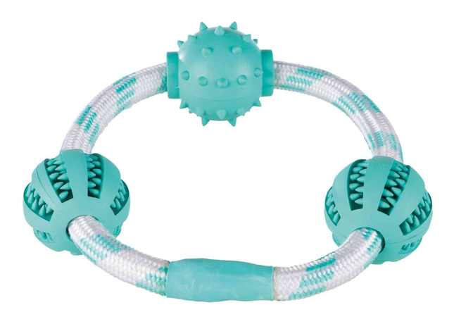 Іграшка для собак Trixie Denta Fun "Кільце-канат з м'ячами" для чищення зубів натуральна гума з м'ятою, 20 см